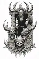VALHALLA, STOOD AT THE OPEN BROKEN GATES AND LARGE EVIL WALLS FROM THE INSIDE, EVIL VIKING DEMONS ATTACTING FROM OUTSIDE tattoo design idea