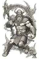 VALHALLA, STOOD AT THE OPEN BROKEN GATES AND LARGE EVIL WALLS FROM THE INSIDE, EVIL DEMON VIKING RUNNING AT THE GATES tattoo design idea