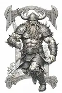 VALHALLA, STOOD AT THE OPEN BROKEN GATES AND LARGE EVIL WALLS FROM THE INSIDE, EVIL DEMON VIKING RUNNING AT THE GATES tattoo design idea