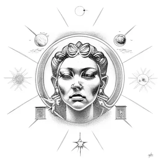 A black and grey portrait of Lady Justice surrounded by a celestial background, showcasing the interconnectedness of justice and the universe tattoo design idea