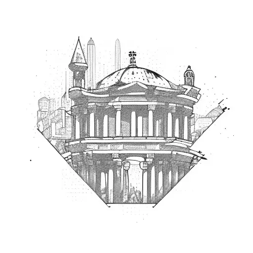 A race car zooming through a Greek-inspired city, with gambling symbols incorporated into the architecture tattoo design idea