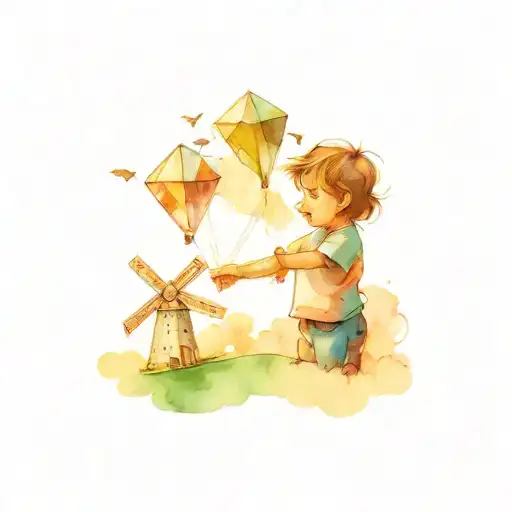 child holding a kite flying with power wind mills in the background  tattoo design idea
