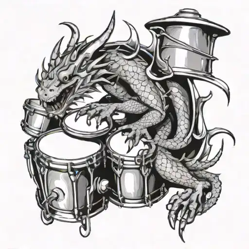 A dragon wrapped around a set of drums, breathing flames onto the drumsticks tattoo design idea