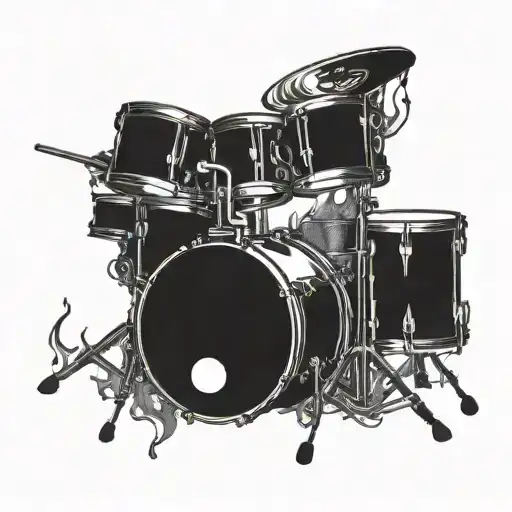 A drum set engulfed in flames tattoo design idea