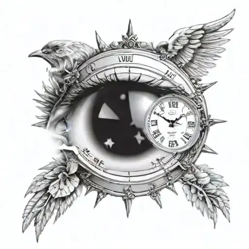 eye looking at crosses of hill with sun glaring and a clock around it. angel holding scale  tattoo design idea