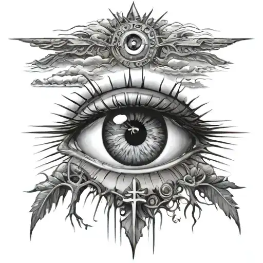Tattoo that has a large all seeing eyeball and inside the eyeball have three crosses on a hill with the sun glaring.  tattoo design idea