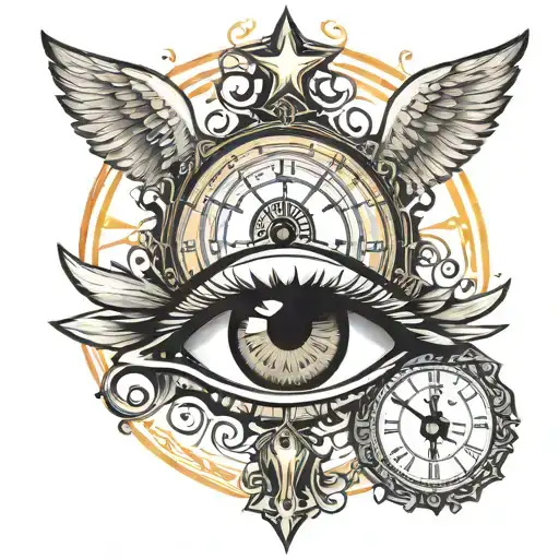 eye looking with glare of three crosses on a hill with sun in back and a clock around eye. in eye have angel with scale tattoo design idea