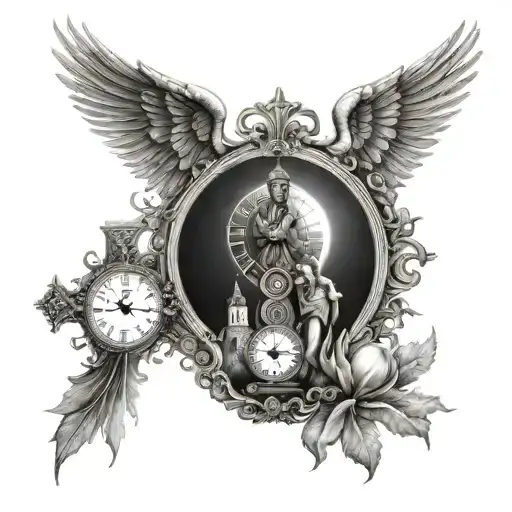 crosses of hill with sun surrounded by clock around it. angel holding scale looking on hill with eye ball watching  tattoo design idea