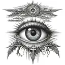 Tattoo that has a large all seeing eyeball and inside the eyeball have three crosses on a hill with the sun glaring.  tattoo design idea