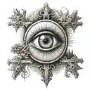 Tattoo that has a large all seeing eyeball and inside the eyeball have three crosses on a hill with the sun glaring.  tattoo design idea