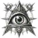 Tattoo that has a large all seeing eyeball and inside the eyeball have three crosses on a hill with the sun glaring.  tattoo design idea
