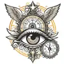 eye looking with glare of three crosses on a hill with sun in back and a clock around eye. in eye have angel with scale tattoo design idea