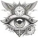 eye looking with glare of three crosses on a hill with sun in back and a clock around eye. in eye have angel with scale tattoo design idea