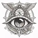 eye looking with glare of three crosses on a hill with sun in back and a clock around eye. in eye have angel with scale tattoo design idea