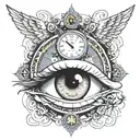 eye looking with glare of three crosses on a hill with sun in back and a clock around eye. in eye have angel with scale tattoo design idea