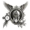 crosses of hill with sun surrounded by clock around it. angel holding scale looking on hill with eye ball watching  tattoo design idea