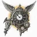 crosses of hill with sun surrounded by clock around it. angel holding scale looking on hill with eye ball watching  tattoo design idea