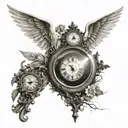 crosses of hill with sun surrounded by clock around it. angel holding scale looking on hill with eye ball watching  tattoo design idea