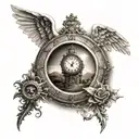 crosses of hill with sun surrounded by clock around it. angel holding scale looking on hill with eye ball watching  tattoo design idea