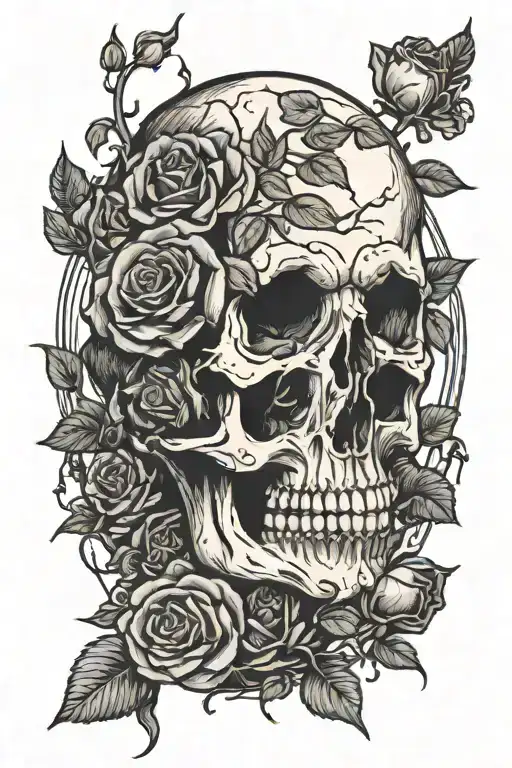 skull and roses growing out of a dead body that is a tree tattoo design idea