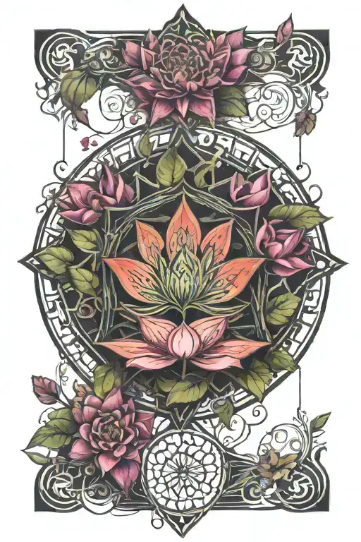 Lotuses, tiny marijuana leaves shaped smoke  running  around, flower of life mandala in the middle tattoo design idea