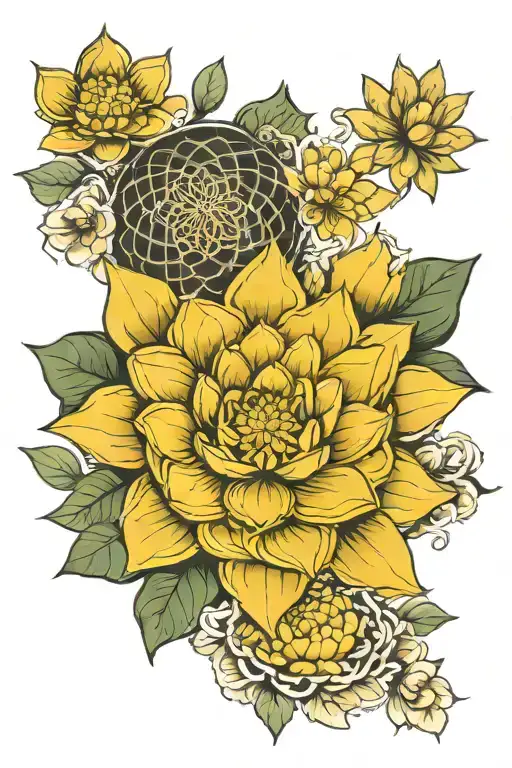 3 Lotuses, tiny marijuana leaves shaped smoke  running  around, flower of life mandala in the middle tattoo design idea