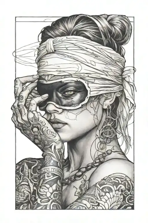 blindfolded woman holding tattoo design idea
