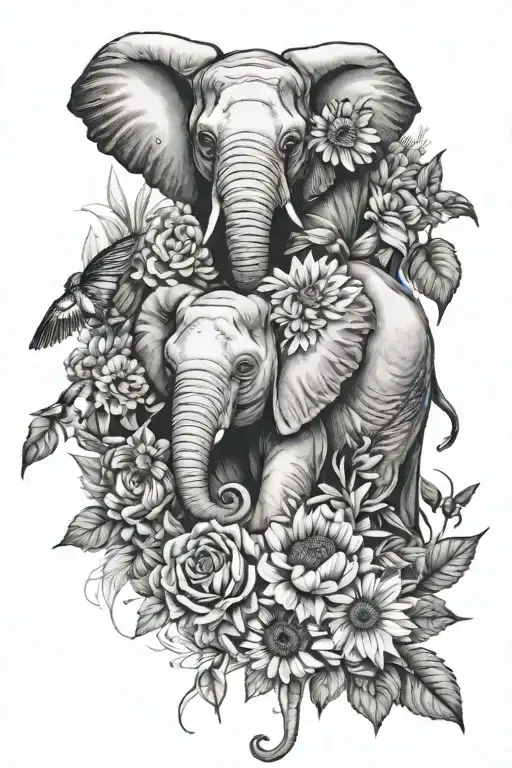 baby elephants, hummingbirds hovering, sunflowers, carnations tattoo design idea