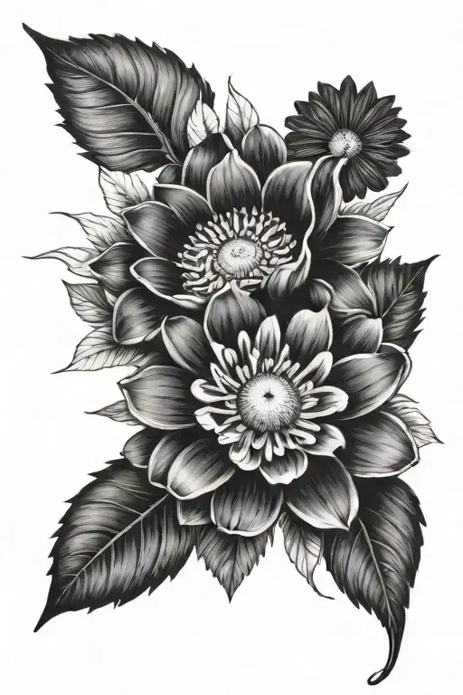 daisy , honeysuckle , rose , water lily , poppy , morning glory, marigold , Chrysantemum  tattoo design idea