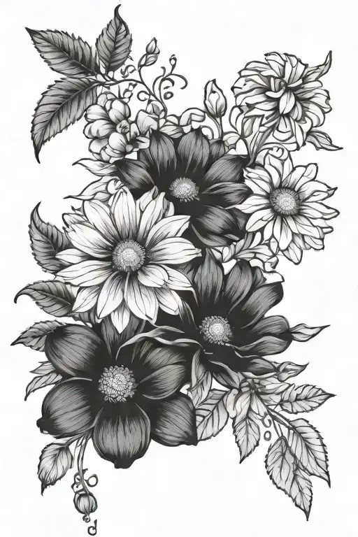 daisy , honeysuckle , rose , water lily , poppy , morning glory, marigold , Chrysantemum  tattoo design idea