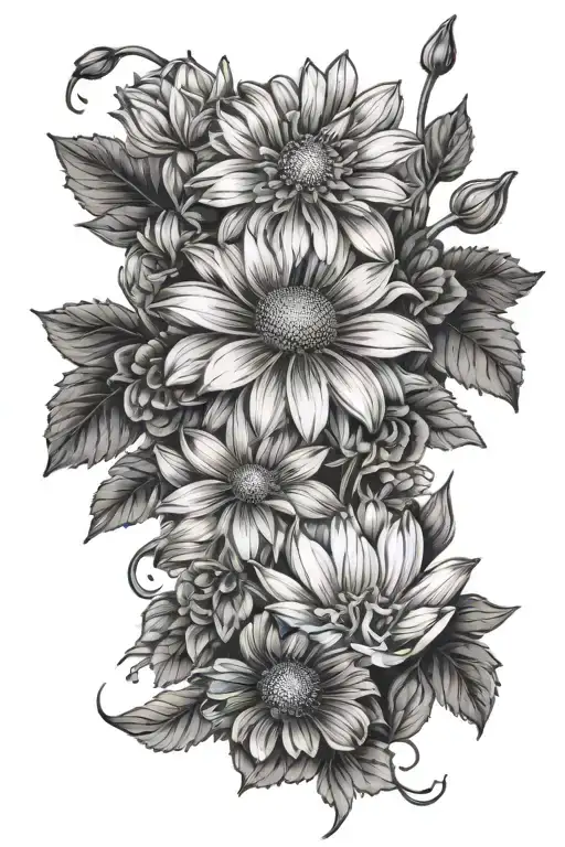 daisy , honeysuckle , rose , water lily , poppy , morning glory, marigold , Chrysantemum tattoo design idea