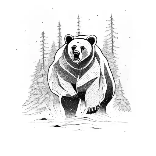 A majestic bear flexing its muscles in a forest setting tattoo design idea