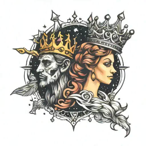 king crown and queen crown, cosmic background black tattoo design idea