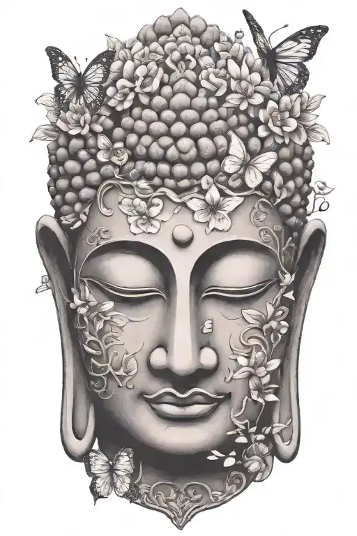 Buddha head, flowers intertwined, butterflies, text tattoo design idea