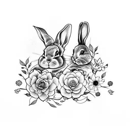 10 cute bunnies forming a heart with flowers and leafs tattoo design idea