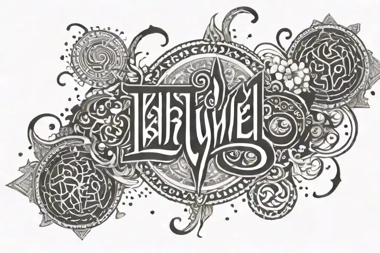A stylized depiction of Yahweh's name in ancient Hebrew script, surrounded by celestial elements like stars and clouds, representing the divine presence in everyday life tattoo design idea