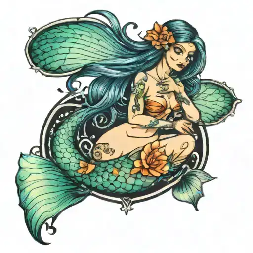 Pisces Mermaid sitting tattoo design idea