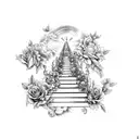 stairwayto heaven, religous, doves, clouds, sunshine, and roses tattoo design idea