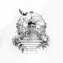 stairwayto heaven, religous, doves, clouds, sunshine, and roses tattoo design idea