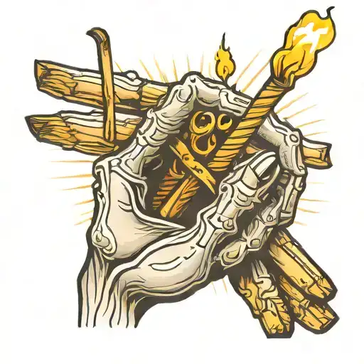 skeleton hand holding lit match stick tattoo design idea