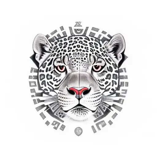 A fierce jaguar with Colombian patterns and Hebrew letters representing Jewish history tattoo design idea