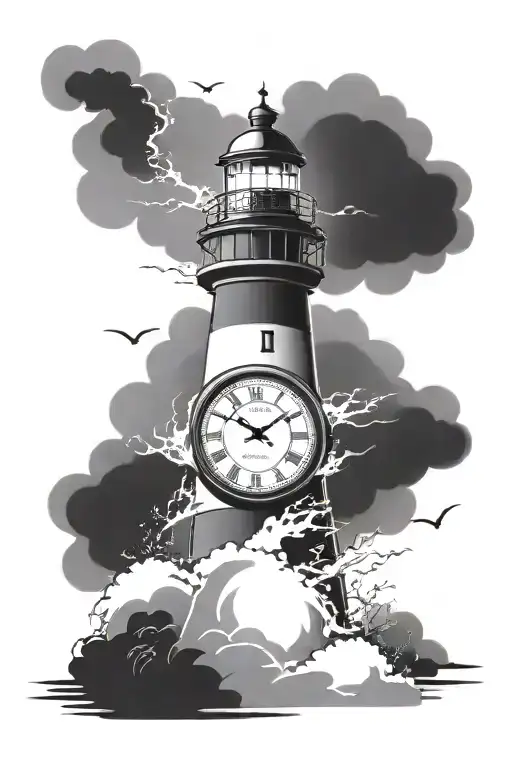 lighthouse storm clock tattoo design idea
