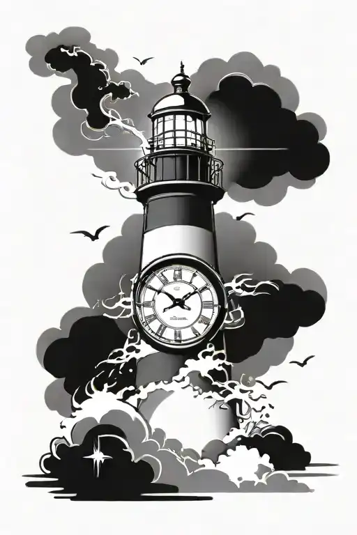 lighthouse storm clock tattoo design idea