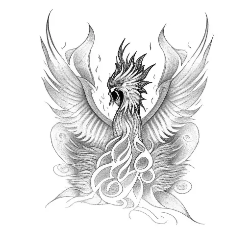 A tattoo of a mystical phoenix rising from flames, with a stack of books at its feet and a melody of music notes floating around it, capturing the client's passion for reading and music tattoo design idea