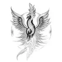 A tattoo of a mystical phoenix rising from flames, with a stack of books at its feet and a melody of music notes floating around it, capturing the client's passion for reading and music tattoo design idea