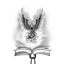 A tattoo of a mystical phoenix rising from flames, with a stack of books at its feet and a melody of music notes floating around it, capturing the client's passion for reading and music tattoo design idea