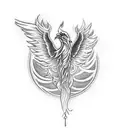 A tattoo of a mystical phoenix rising from flames, with a stack of books at its feet and a melody of music notes floating around it, capturing the client's passion for reading and music tattoo design idea