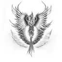 A tattoo of a mystical phoenix rising from flames, with a stack of books at its feet and a melody of music notes floating around it, capturing the client's passion for reading and music tattoo design idea