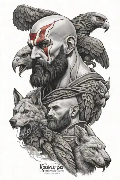 A realistic black-grey portrait tattoo of Kratos with his loyal dogs and parrots by his side, showcasing his fierce and protective nature tattoo design idea