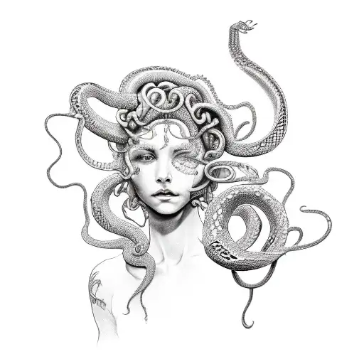 A sketch style tattoo of Medusa's snake hair twisting and turning around her face tattoo design idea